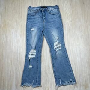 Risen Distressed High Rise Shredded Knee Grunge Edgy Cropped Boot Denim Jeans 30